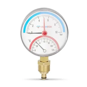 Термоманометр VARMEGA радиальный 80 мм, 10 бар, 120гр.С, 1/2″, с отсекающим клапаном, VMMT07-801004