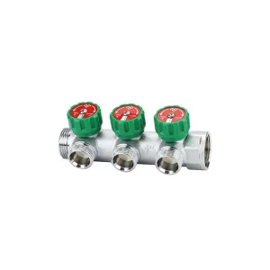 Коллектор распределительный с рег. вентилем латунный VARMEGA 1″, 3 х 3/4″ЕК, хром., VMMM01-C06153