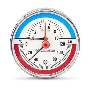 Термоманометр VARMEGA аксиальный 80 мм, 10 бар, 120гр.С, 1/2″, с отсекающим клапаном, VMMT06-801004
