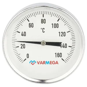 Термометр VARMEGA биметаллич. с погр. гильзой 80 мм, 160гр.С, штуц.75 мм, 1/2″, VMMT02-807504