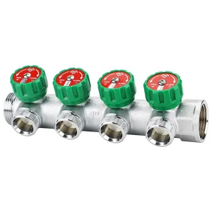 Коллектор распределительный с рег. вентилем латунный VARMEGA 1″, 4 х 3/4″ЕК, хром., VMMM01-C06154