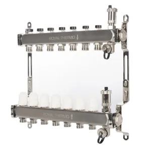 Коллектор Royal Thermo нерж. в сборе универсальный 1″ ВР-3/4″ НР с автомат. воздухоотвод-ми 7 вых.