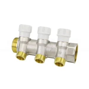 Коллектор с запорным краном латунный VARMEGA VMMM02, 1″, на 3 выхода 3/4″ЕК, никелированный