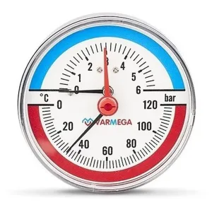 Термоманометр VARMEGA аксиальный 80 мм, 6 бар, 120гр.С, 1/2″, с отсекающим клапаном, VMMT06-800604