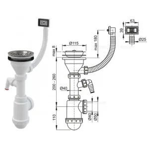 Сифон для мойки с нерж реш.DN115 переливом кв.штуцером A447P-DN50/40 (AlcaPlast)