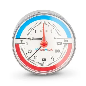 Термоманометр VARMEGA аксиальный 80 мм, 4 бар, 120гр.С, 1/2″, с отсекающим клапаном, VMMT06-800404