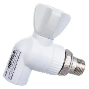 Кран Lammin шаровый PPR радиат. угл. 20 х 1/2″ PREMIUM 50/10, белый