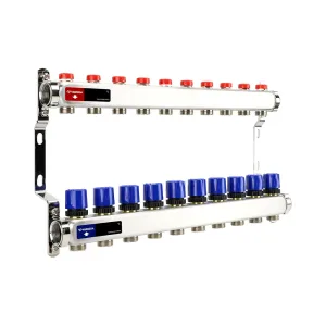 Группа коллекторная для отопления VARMEGA VM15510 ВР 1″, на 10 контуров 3/4″ EK, нерж. сталь