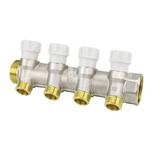 Коллектор с запорным краном латунный VARMEGA VMMM02, 1″, на 4 выхода 3/4″ЕК, никелированный