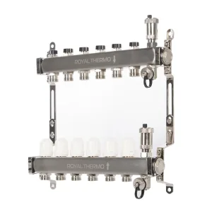 Коллектор Royal Thermo нерж. в сборе универсальный 1″ ВР-3/4″ НР с автомат. воздухоотвод-ми 6 вых.