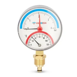 Термоманометр VARMEGA радиальный 80 мм, 4 бар, 120гр.С, 1/2″, с отсекающим клапаном, VMMT07-800404