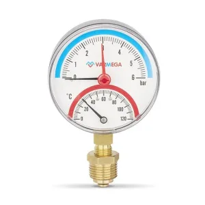 Термоманометр VARMEGA радиальный 80 мм, 6 бар, 120гр.С, 1/2″, с отсекающим клапаном, VMMT07-800604
