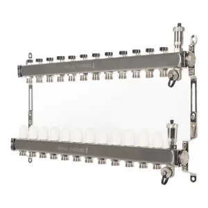 Коллектор Royal Thermo нерж. в сборе универсальный 1″ ВР-3/4″ НР с автомат. воздухоотвод-ми 12 вых.