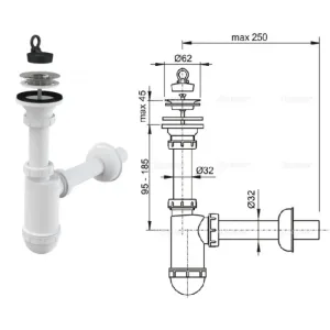 СИФОН ДЛЯ УМЫВАЛЬНИКА DN32 С НЕРЖАВЕЮЩЕЙ PEШEТКОЙ DN63, A411