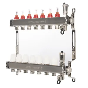 Коллектор Royal Thermo нерж. в сборе с расходомерами 1″ ВР-3/4″ НР с автомат. воздухоотвод-ми 7 вых.