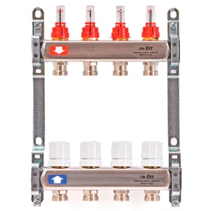 Группа коллекторная Uni-Fitt 1″х4 вых 3/4″ с расходом. и термостат. вентилями без конц, нерж. сталь