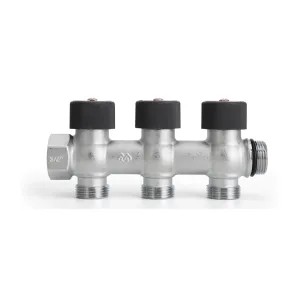 Коллектор с регулировочным клапаном латунный VARMEGA VMMM03, 3/4″, на 3 выхода 3/4″ЕК, никель