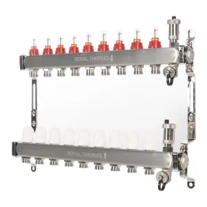 Коллектор Royal Thermo нерж. в сборе с расходомерами 1″ ВР-3/4″ НР с автомат. воздухоотвод-ми 9 вых.