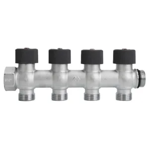 Коллектор с регулировочным клапаном латунный VARMEGA VMMM03, 3/4″, на 4 выхода 3/4″ЕК, никель