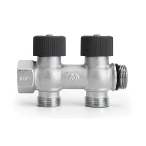 Коллектор с регулировочным клапаном латунный VARMEGA VMMM03, 3/4″, на 2 выхода 3/4″ЕК, никель
