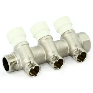 Коллектор Uni-Fitt НВ 1″х3 вых 1/2″ 40 мм с вентилями, никелированный
