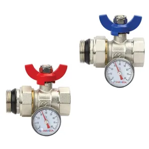 Кран шаровой VARMEGA, НР-ВР 1″x1″, с разъемным соединением, с термометром, комплект_2 шт