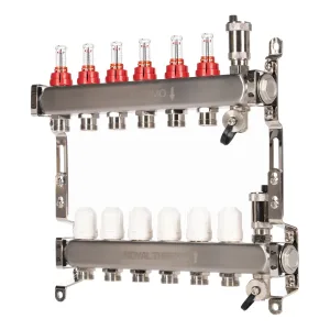 Коллектор Royal Thermo нерж. в сборе с расходомерами 1″ ВР-3/4″ НР с автомат. воздухоотвод-ми 6 вых.